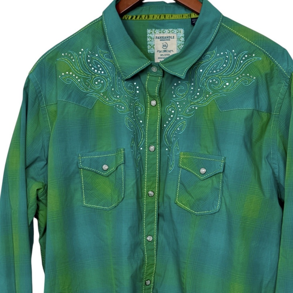Panhandle Slim Western Shirt Womens XXL Green Embroidered Rhinestone Snap Front